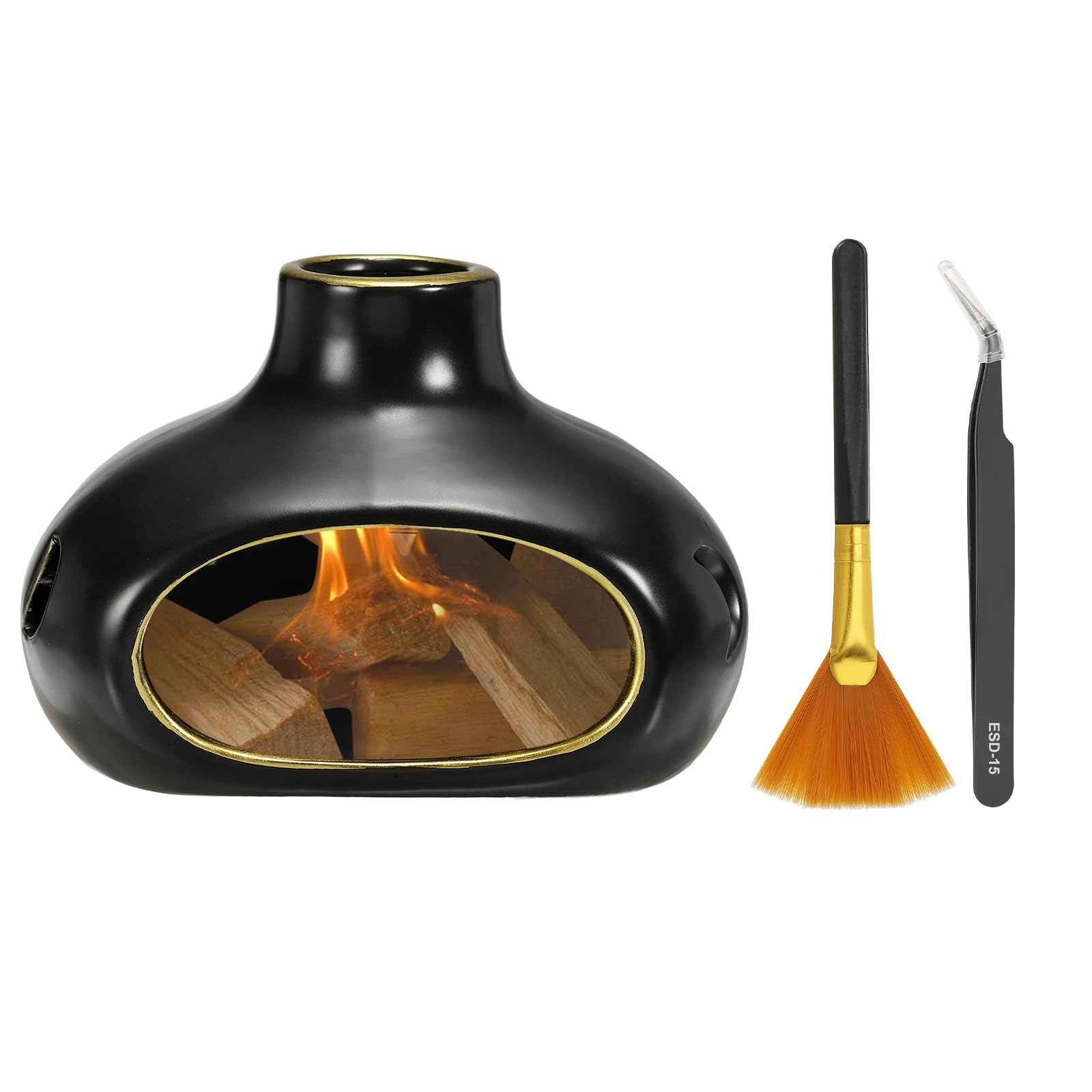 Brûleur d'encens aromathérapie céramique noir avec pince