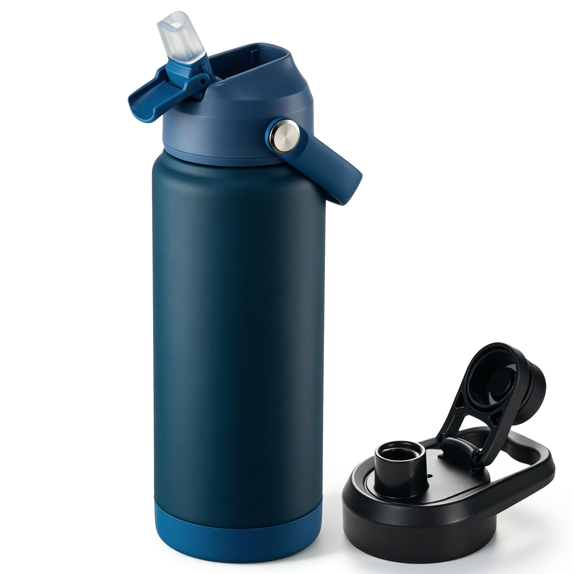 Fijinhom 24 oz Insulated Water Bottle with 2 Lids, Stainless Steel Water Bottles, Double Wall Vacuum, Portable Handle & Non-slip Bottom, BPA Free Leak Proof Metal Bottles, Keep Cold 24H, Dark Blue Deep Blue 24 Ounces