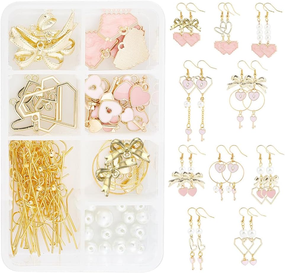 SUNNYCLUE 1 Box DIY 10 Pairs Pink Heart Charms Christmas Love Earring Making Kit Heart Bowknot Linking Connector Charms Glass Pearl Beads Earring Hooks for Women Beginners DIY Jewelry Making Kits