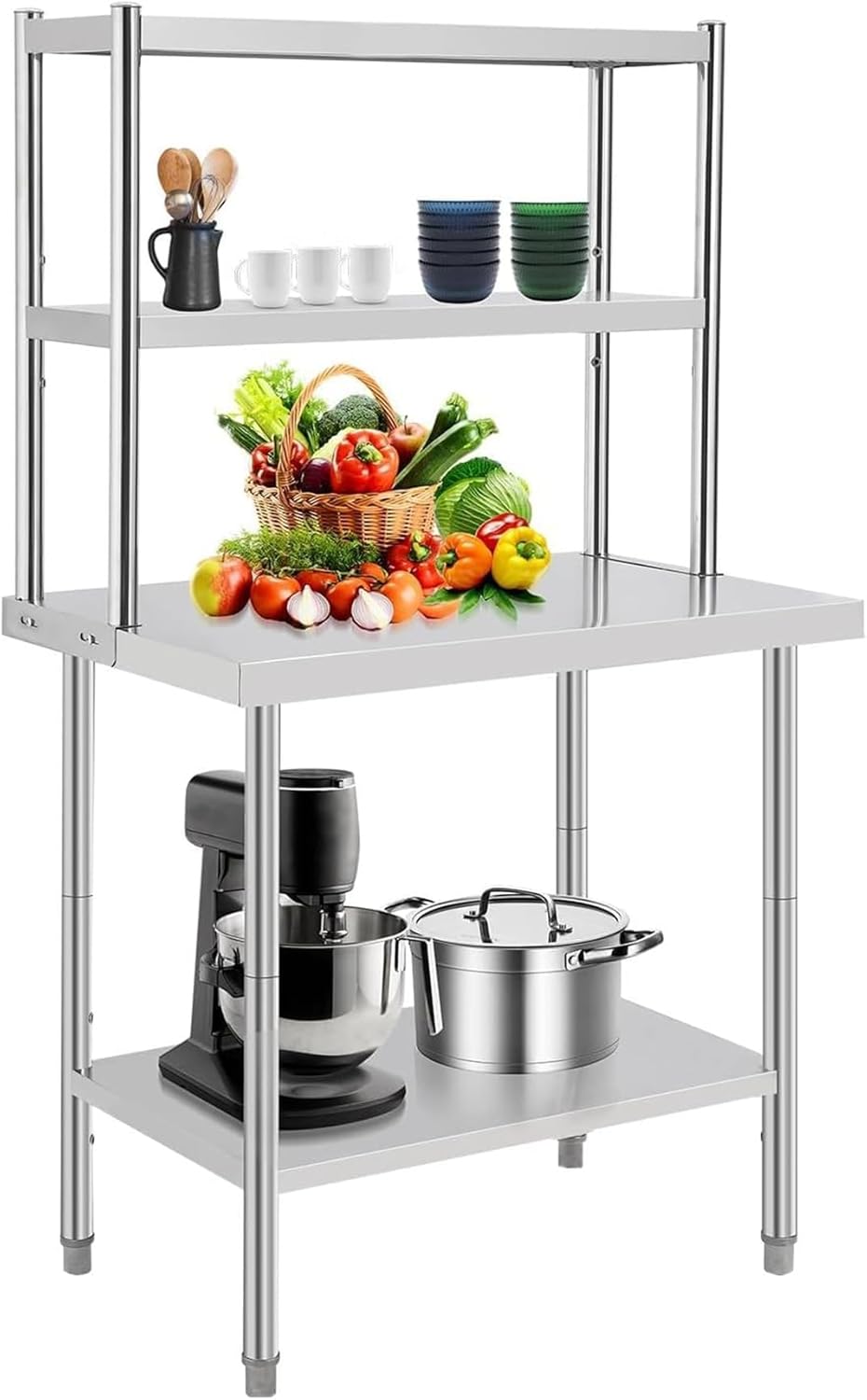 60" x 36" Stainless Steel Table with Shelves, Commercial Work Table with 2-Tier Adjustable Overshelves, Heavy Duty Metal Prep Tables for Commercial Kitchen Restaurant Garage Warehouse