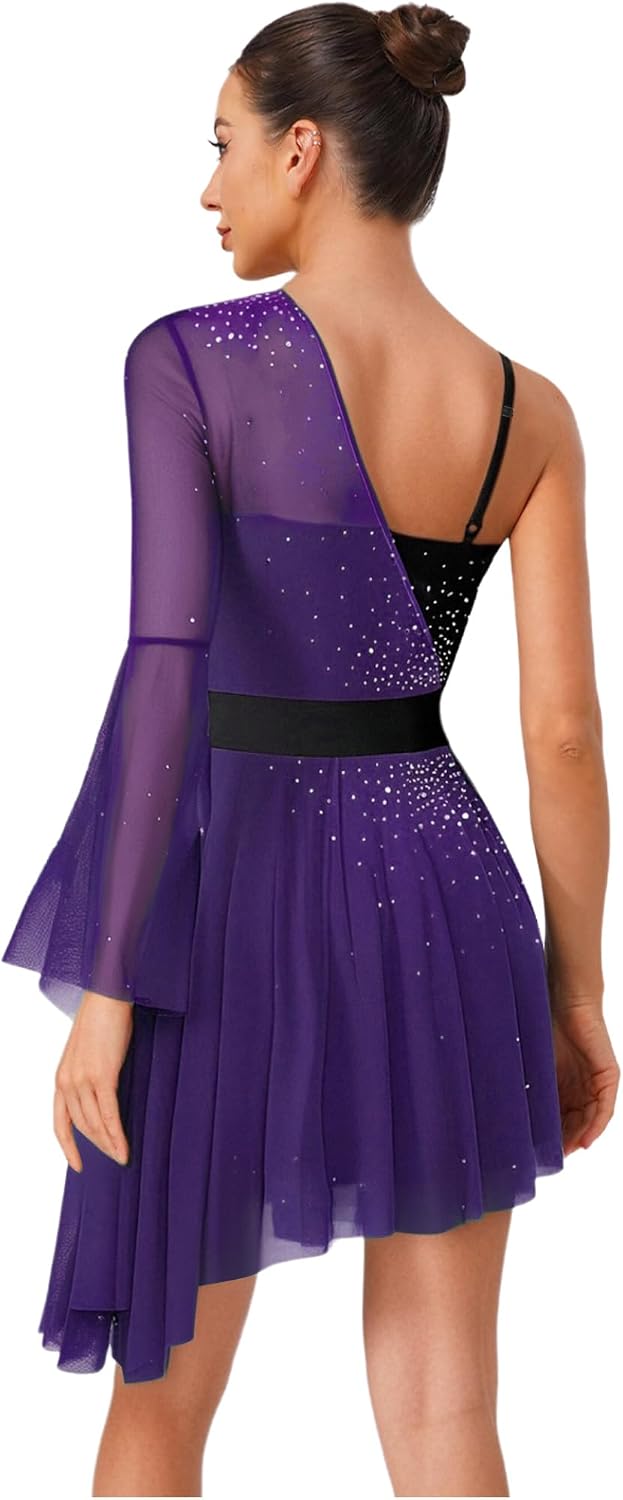 Yhong Women's Color Block Figure Ice Skating Dress Asymmetrical Gymnastics Leotard Roller Skating Dancewear
