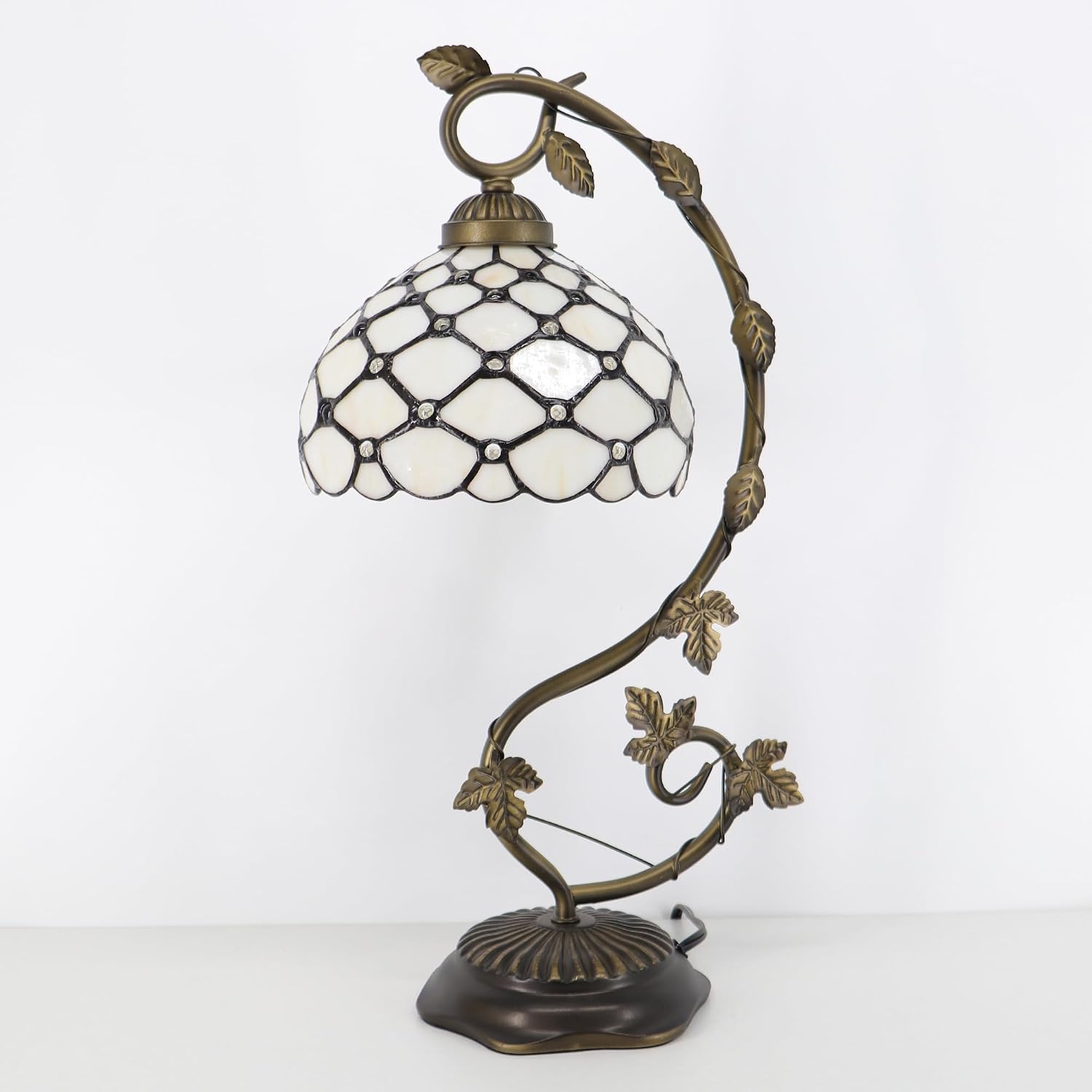 Tiffany Table Lamp, Stained Glass Desk Reading Light,Metal Leaf Table Lamp Base 8X10X21 Inches (Cream Bead)