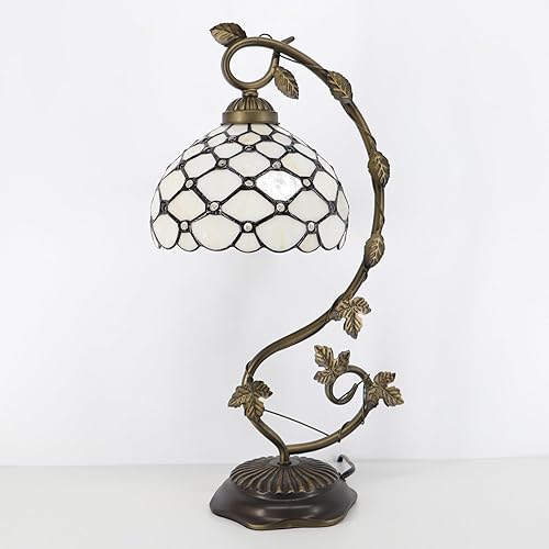 Miniatura 6 de Tiffany - Lámpara de mesa, luz de lectura de escritorio de vidrieras, base de lámpara de mesa de hojas de metal, 8 x 10 x 21 pulgadas (cuentas crema)
