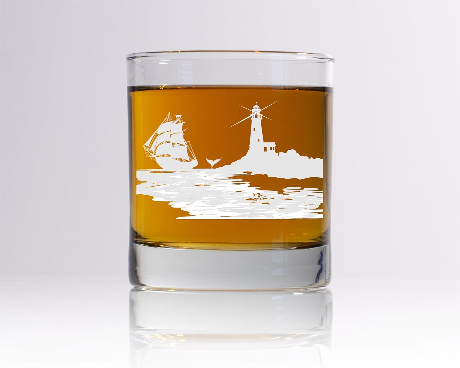 C M - Lighthouse with Vintage Themed Ship - Nautical Whiskey Rocks Glass - Nautical Gift for Men and Women - 11 oz - Clear Glass