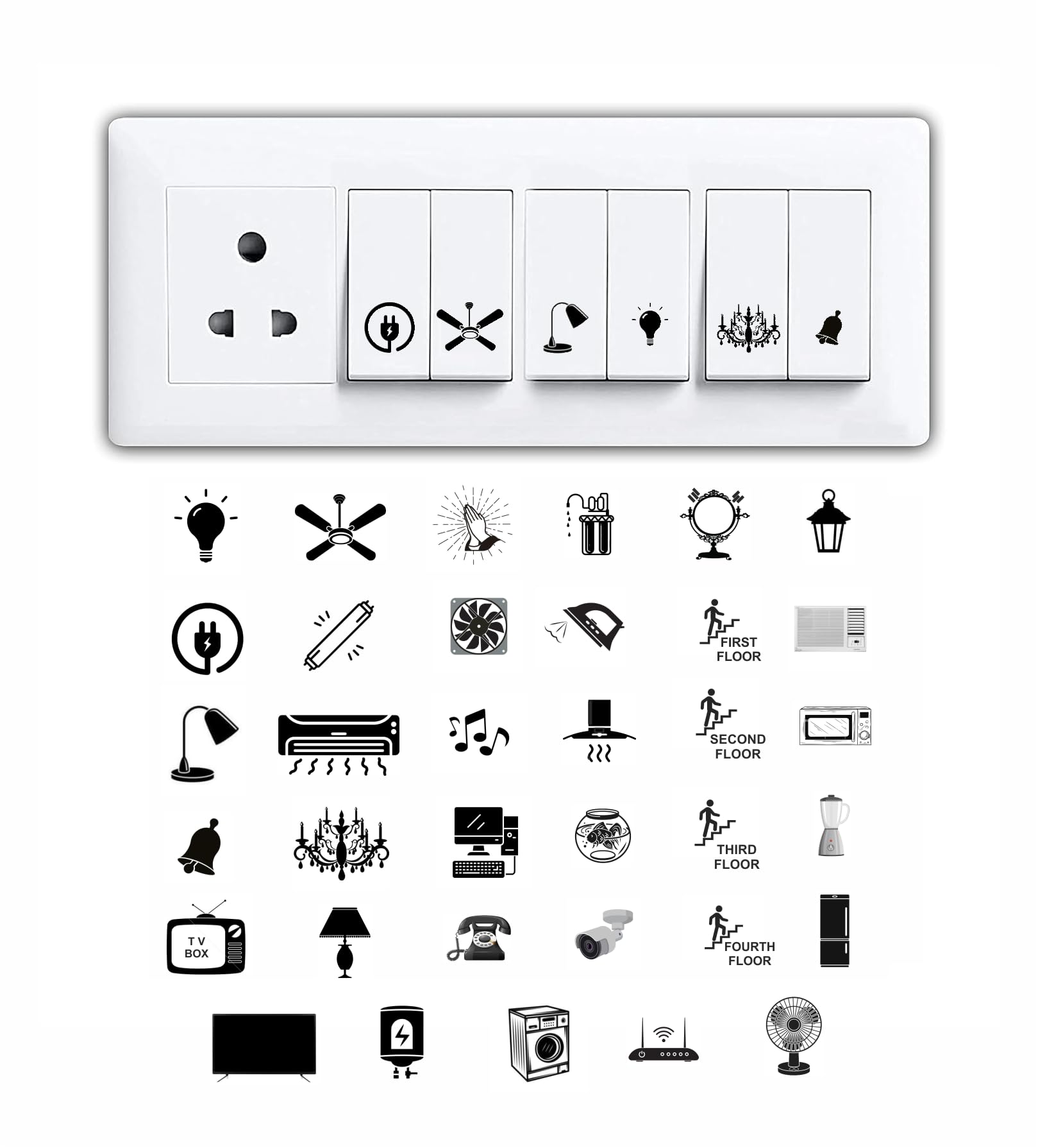 FEORA Transparent Black & White Switch Self Adhesive Stickers for White Switchboard A4 Sheets Vinyl Labels for Home Electric Switch Sticker For Fan Tubelight 35 Designs 495 Stickers,15 cm