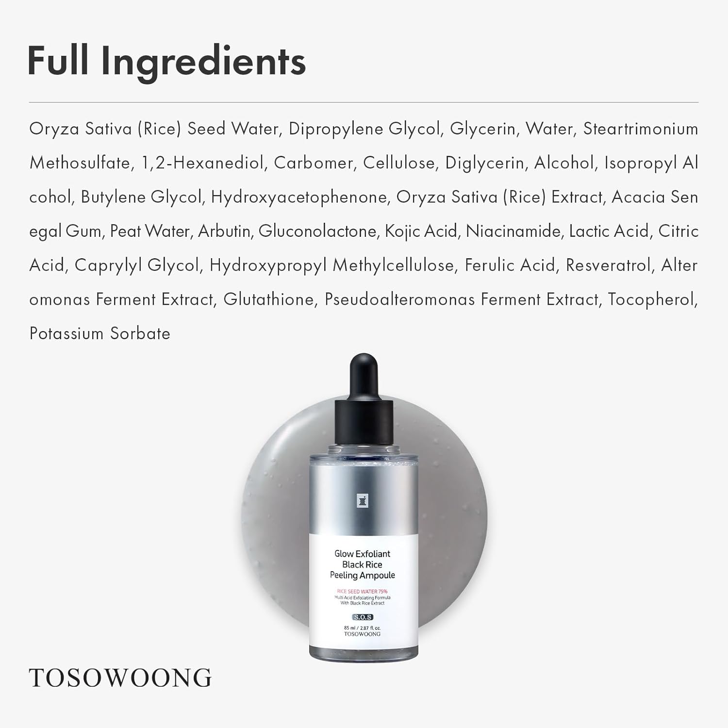 TOSOWOONG Black Rice Peeling Ampoule, 75% Black Rice Exfoliant, Dead Skin Remover, Face Body Scrub, Blackheads Pore Cleaner, Kojic Acid, Arbutin for discoloration, Korean Skincare, 85ml / 2.87 fl. oz.