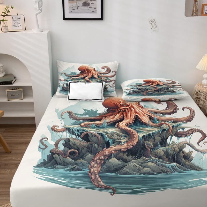 Miniatura 3 de Sábanas de pulpo tamaño matrimonial  Sábanas Kraken de microfibra suave, bolsillo profundo, sábanas y fundas de almohada estampadas sin arrugas, 4