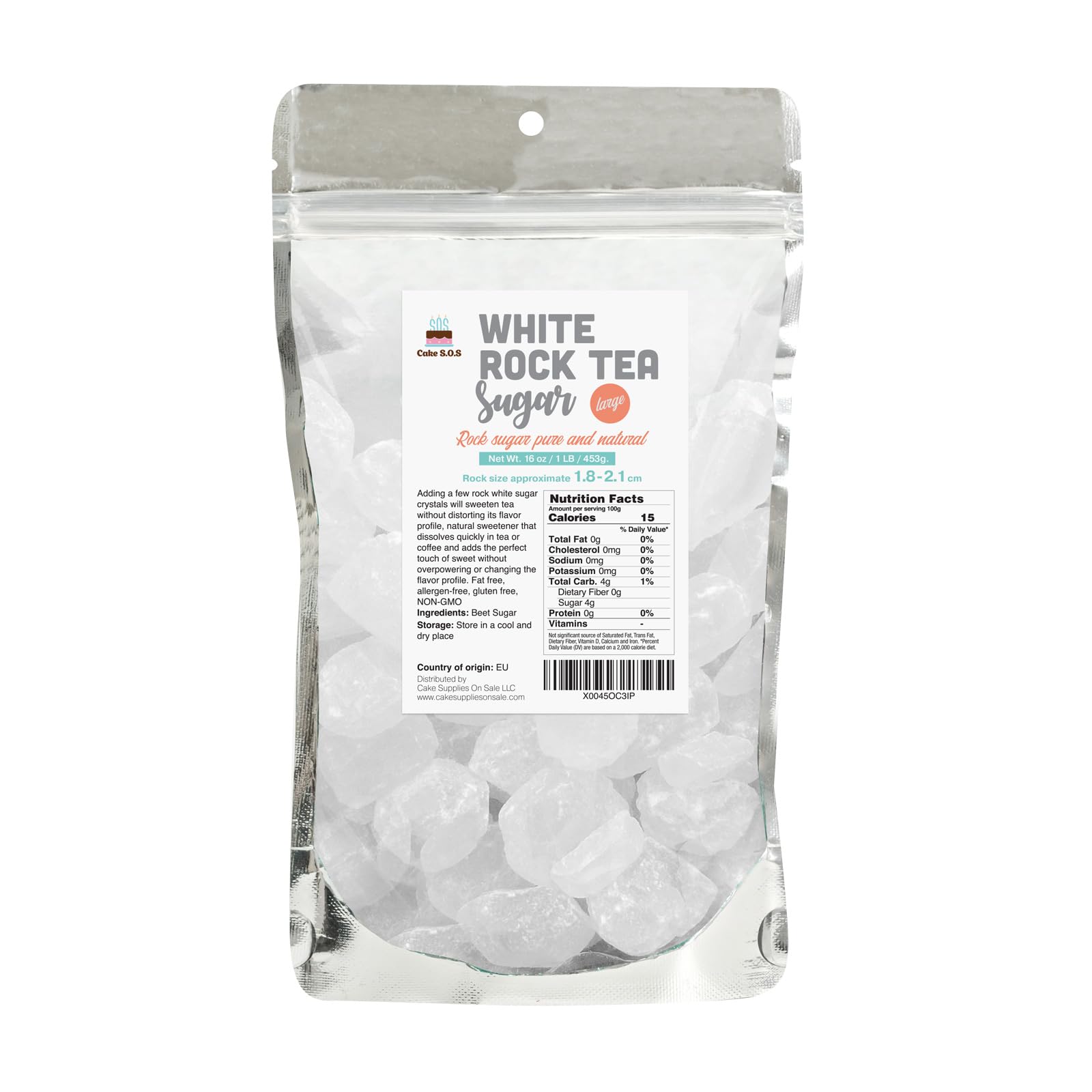 Pure and Natural Large White Rock Sugar Crystals for Tea and Coffee, Pure and Natural, 1-Pound Bag