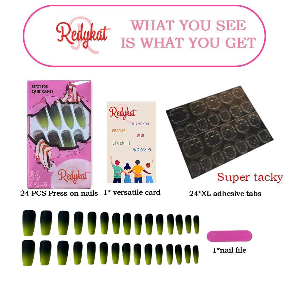 Redykat Künstliche Nägel zum Aufdrücken, mittelgroß, Sarg, Salon-Qualität, Schwarz und Grün, Acryl, neongrün, für schnelle Maniküre zu Hause, 24 Stück