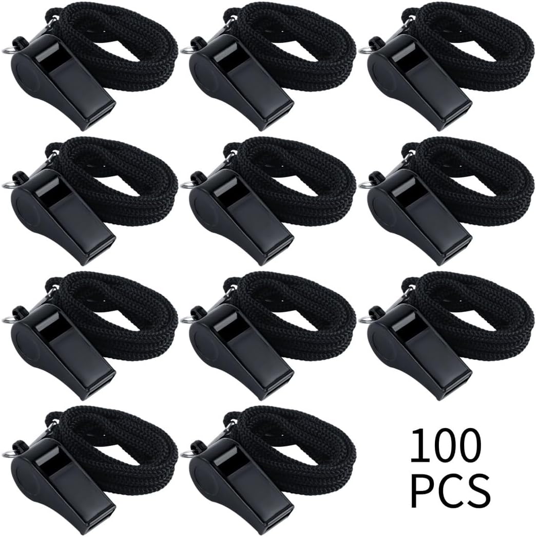 100 Plastic Whistles with Nylon Rope, Loud Sound, Ideal for Emergency, Sports, and Outdoor Activities