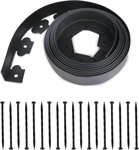 Kit de bordes de paisaje, kit de bordes de jardín sin excavación, 20 pies, con 18 picos, borde de césped negro para jardín