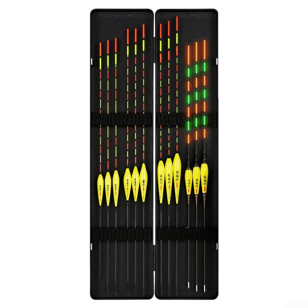 Vootnifig Fishing Float Set 12 Pcs Day Night Bobbers Tackle Box Kit Lightweight Wood Composite Sensitive Fish Bite Detector