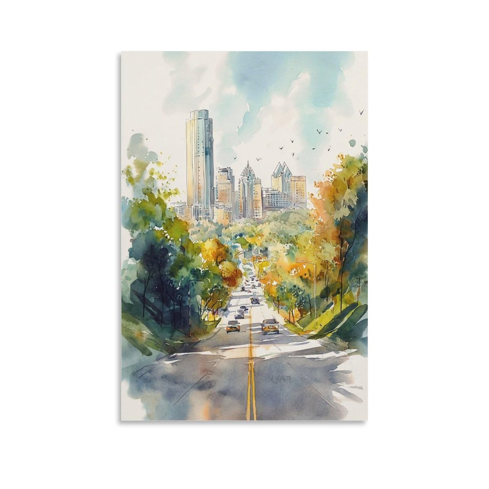LCYNNH Austin Texas Watercolor Print-Retro Mid Century Modern Wall Art 24x36inch(60x90cm) Print Home Bedroom Office Living Room Decor Canvas