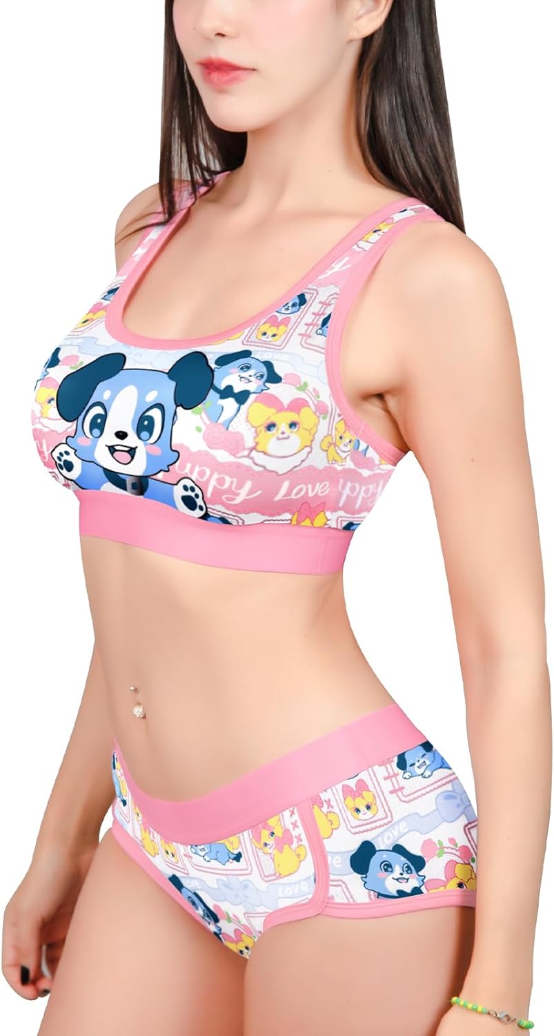 Littleforbig Women Silky Camisole and Panties Sports Loungewear Bralette Set – Puppy Love Little Blue Bralette Set - Image 2