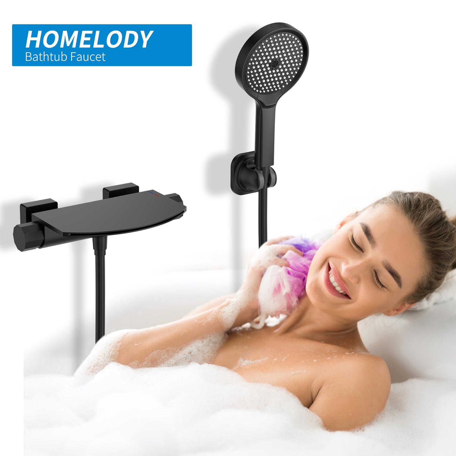 HOMELODY Grifo mezclador de baño negro con ducha de mano, grifo de baño de cascada, grifo mezclador de latón, accesorio de pared para bañera, montado en la pared con plataforma grande