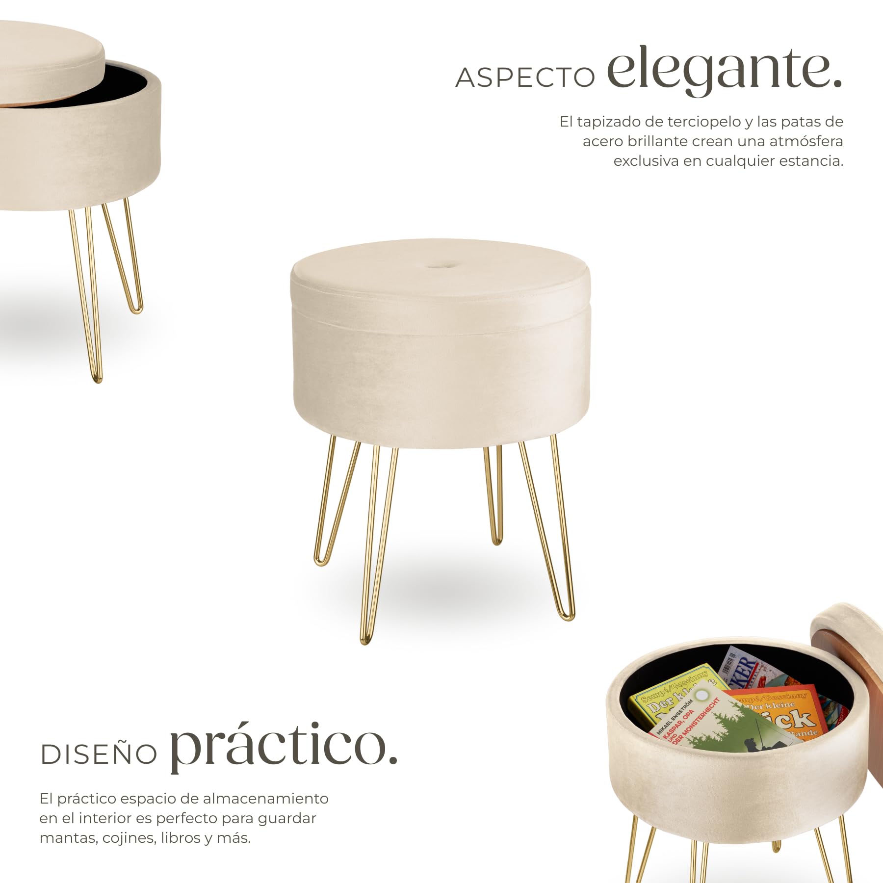 tectake® Elegante Taburete Redondo Aterciopelado con Espacio de Almacenamiento, Capacidad de Carga 300 kg, Mueble Auxiliar Dormitorio, Puff Salon, Taburete Dormitorio, Puff almacenaje - Crema