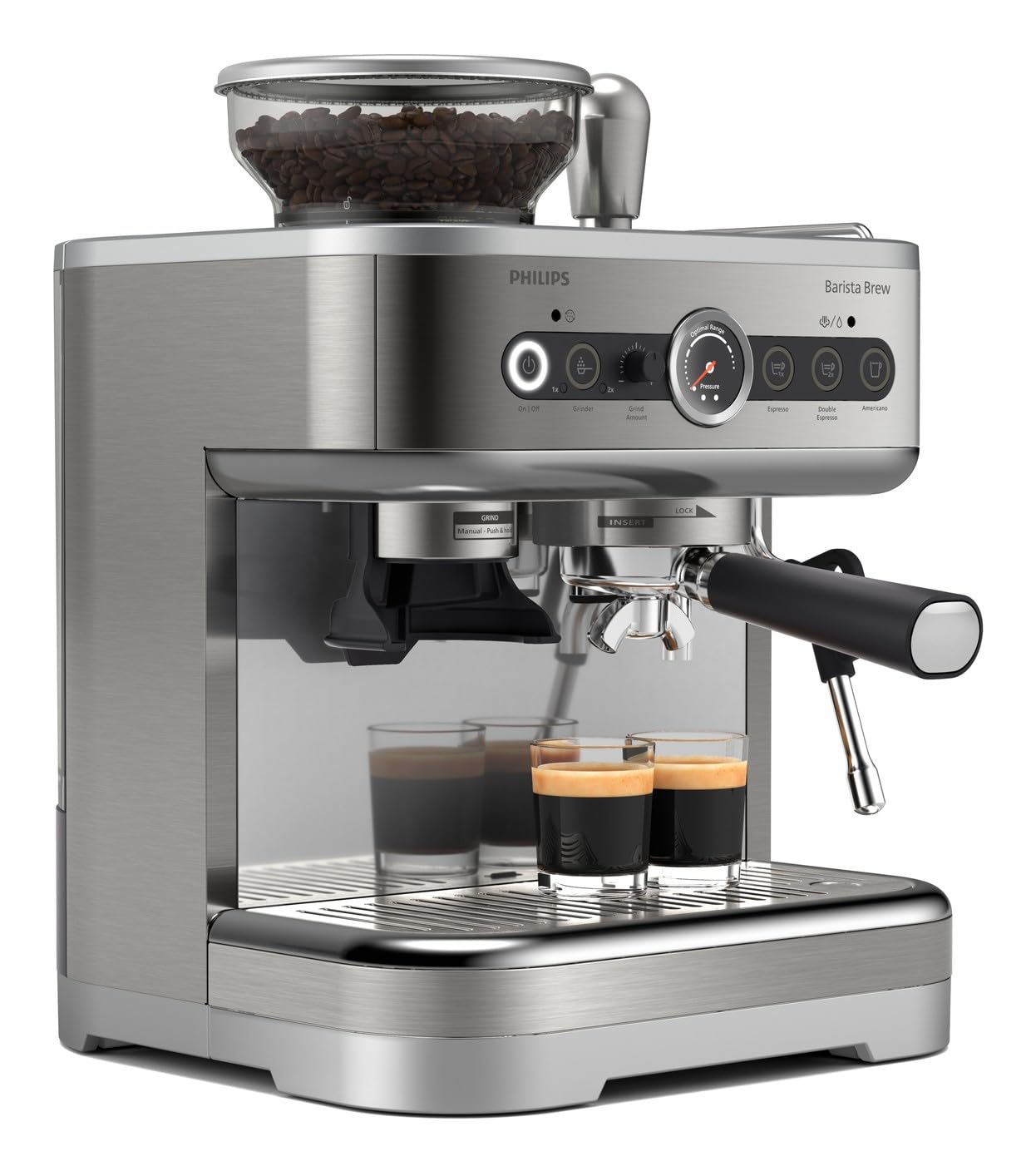 PHILIPS Cafetera espresso semiautomática Barista Brew - Espresso simple y doble + Botón Americano, recipiente de 250 g de café en grano, guía intuitiva, prensado calibrado, acero Inox (PSA3218/01)