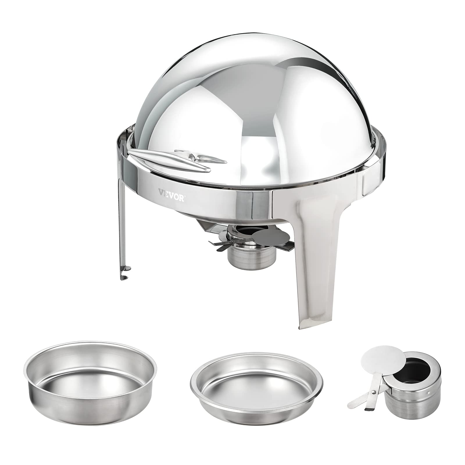VEVOR Set di Scaldavivande 2 Pezzi in Acciaio Inox per Servizio Buffet Catering Ristorazione Coperchio Arrotolabile Capienza Max. 5,5L, Set di Vassoio di Riscaldamento Scaldavivande Rotonda per Buffet