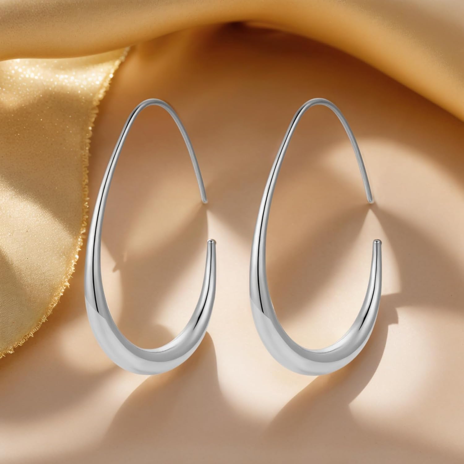 14k Gold/White Gold Plated Lightweight Teardrop Hoop Earrings for Women Large Oval Pull Through Hoop Earrings High Polished Statement Jewelry Gift for Women - Image 6