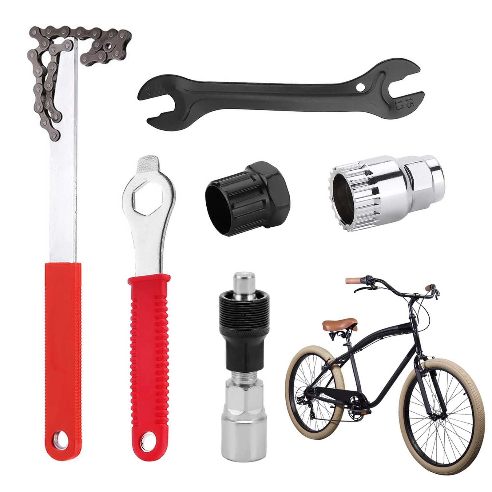 Bike Chain Removal Tool Kit, 6Pcs Bicycle Repair Tool Kit Include Crank Extractor Wrench, Hub Cone Wrench, Bicycle Flywheel Chain Sprocket Remover Bottom Bracket & Cassette Lockring Removal Tool