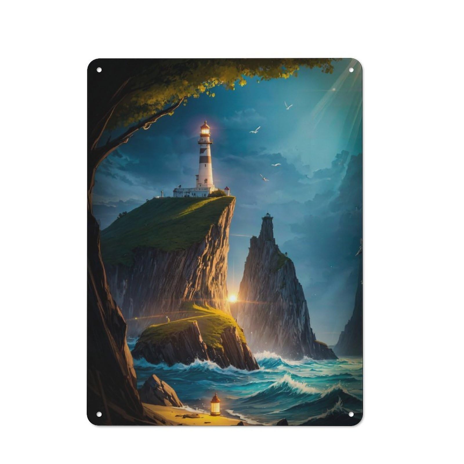 Lighthouse Ocean Cliff Vintage Tin Sign 40x30cm, Rustic Bistro Wall Plaque for Kitchen, Cafe, Pantry Or Dining Room