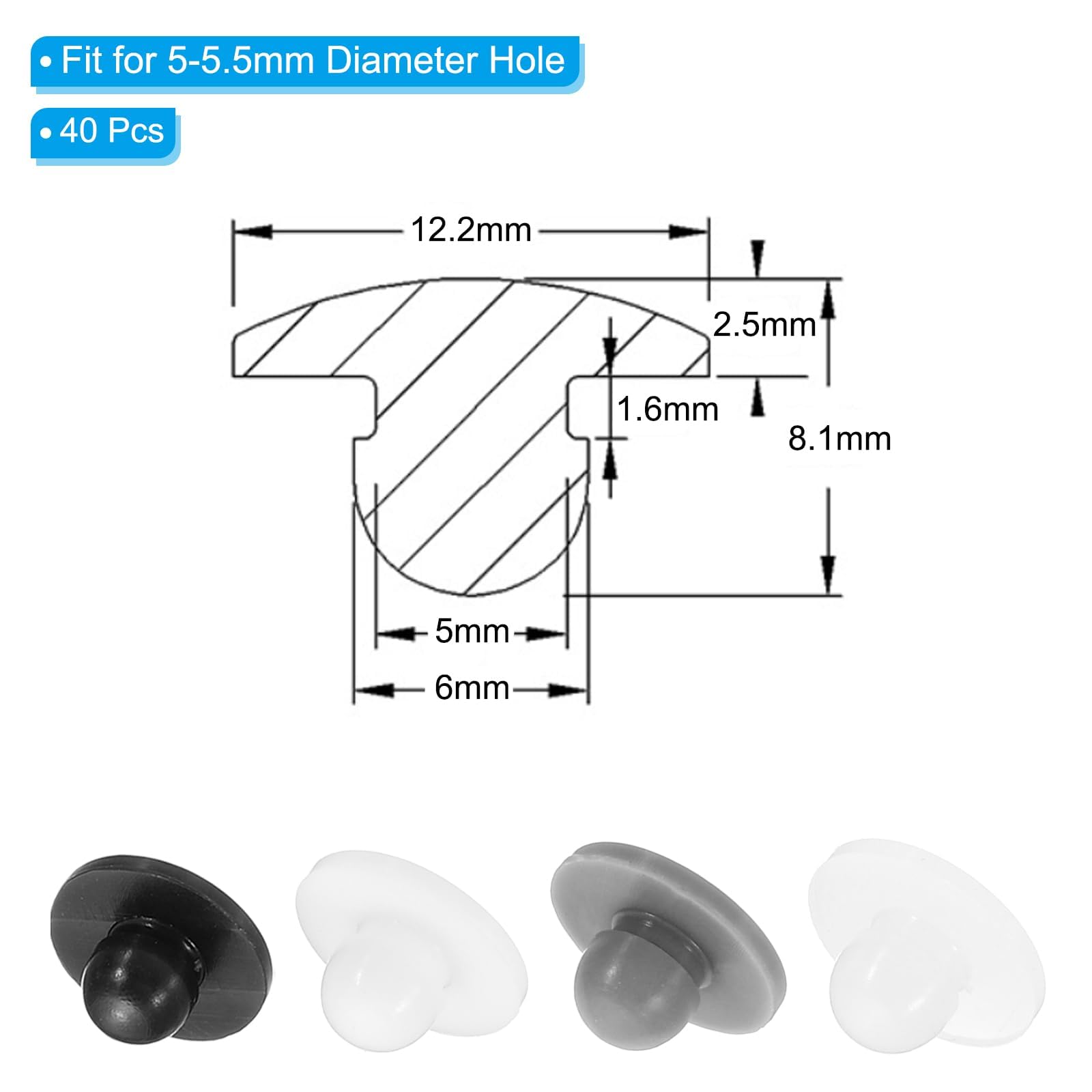 Stopfen für runde Löcher, Silikondruckknopf, Runder Silikon-Druckknopf mit 5 mm Durchmesser, 40 Stück mit Verriegelung(White)