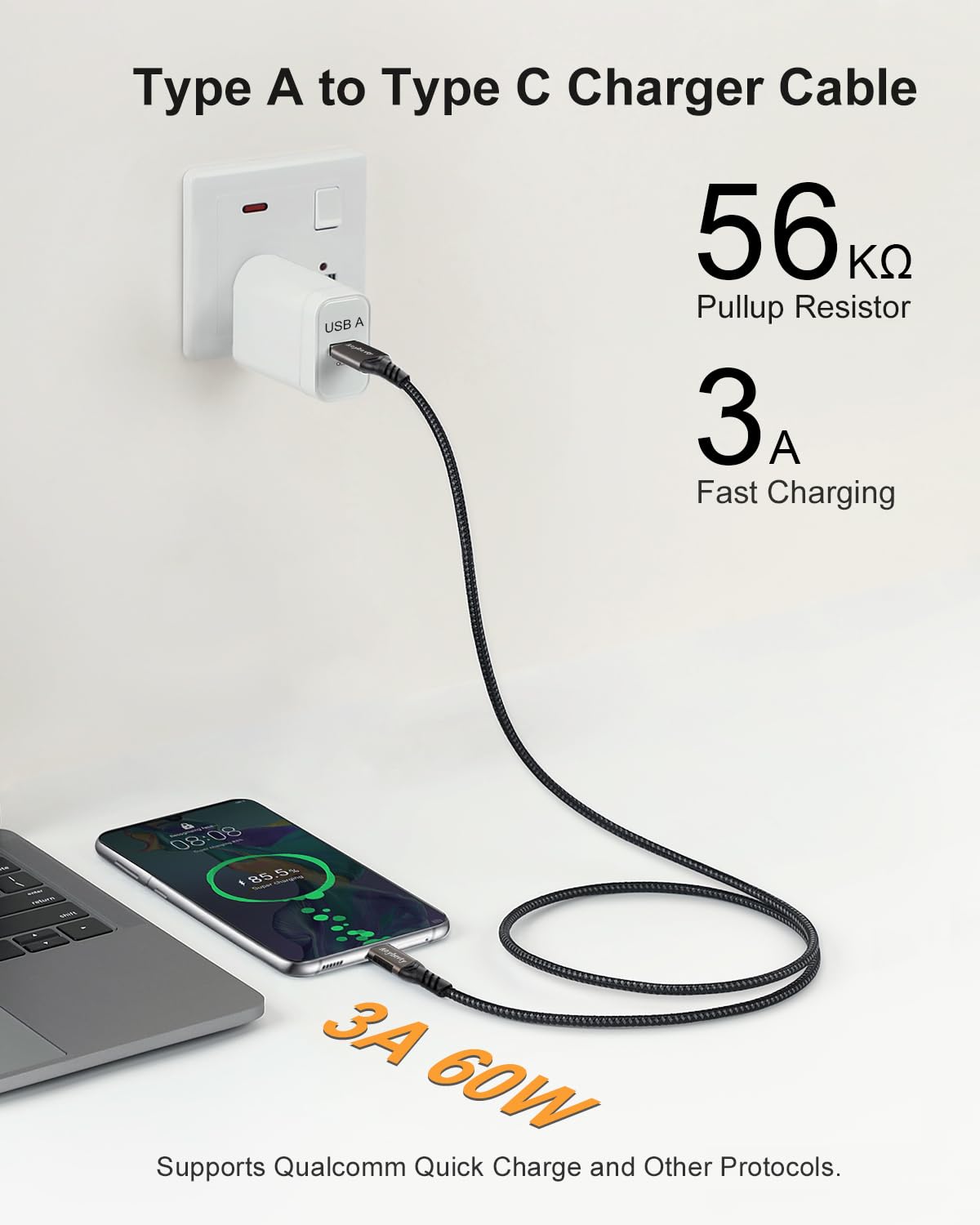 Cable USB a USB C [2 unidades de 10 pies], transferencia de datos de 10 Gbps y cable de carga rápida de 60 W 3 A, cable USB C 3.1/3.2 para Samsung Galaxy S21/S20/S10/S8/Note 20/9, LG 7/8,
