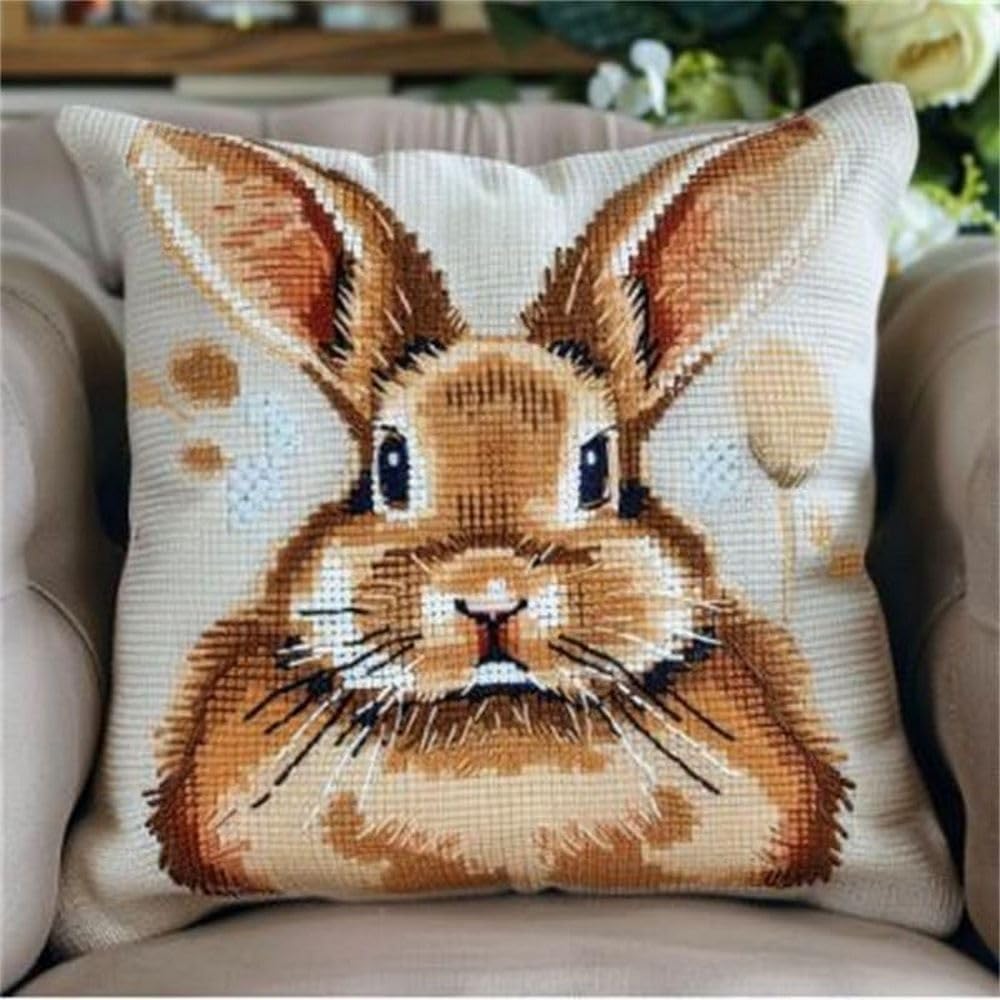 Pskgbxmu DIY Embroidery Cross Stitch Cushion Kit Rabbit 11CT Needlepoint Craft Set pre Printed Handmade Cushion Cover Stitched Cushion Kit 45x45cm