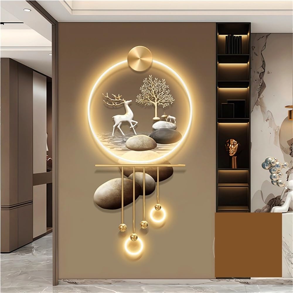 Cuadro Mural 3D Grande con luz, Escultura Redonda, decoración Tradicional para Dormitorio, Sala y hogar, Mural de Pared con Luces LED (marrón, 120 cm)