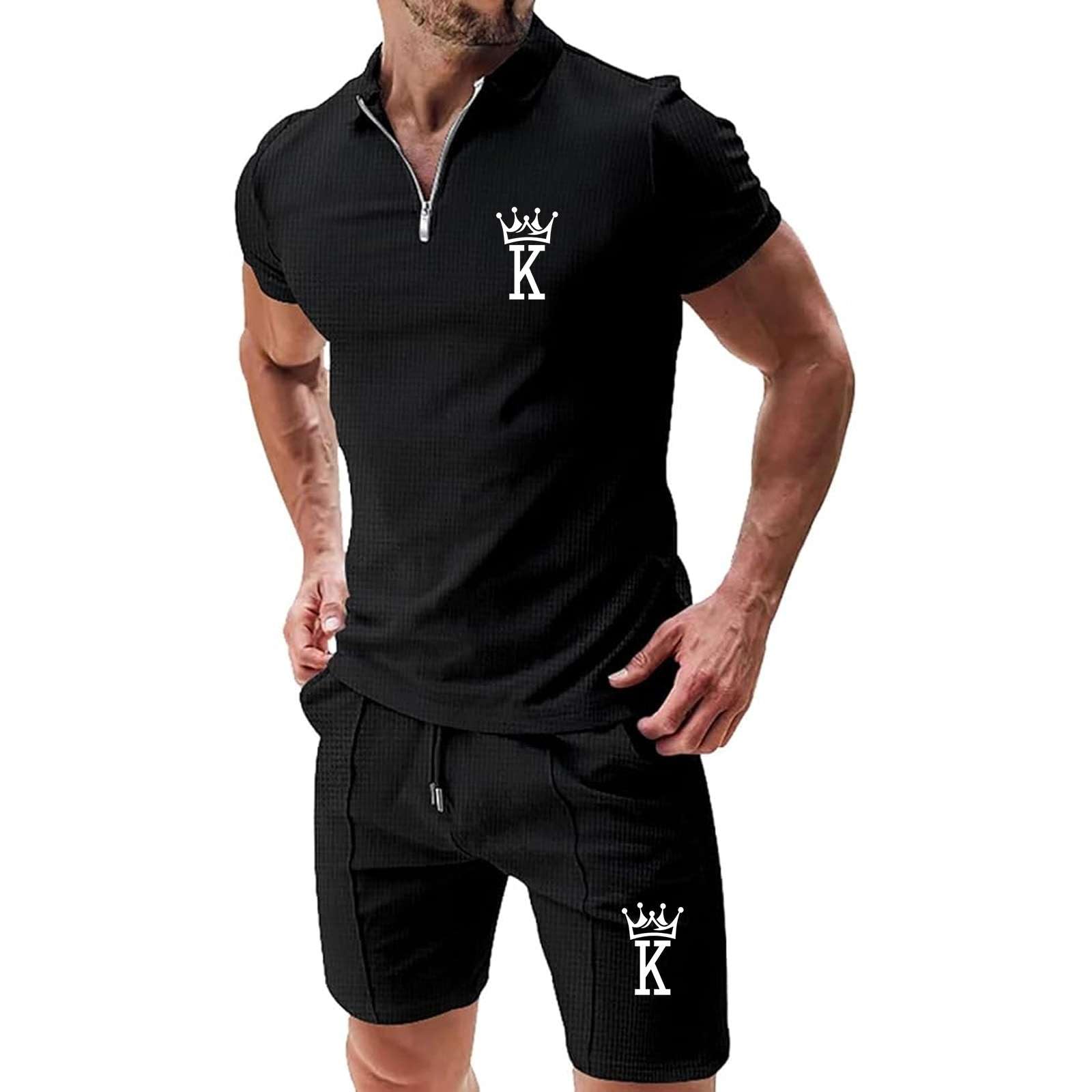 Generico Tuta Uomo Estiva Completo 2 Pezzi Polo a Manica Corta con Zip e Pantaloncini Casual Set Sportivo Texture a Nido d'Ape Abbigliamento Mare e Tempo Libero Traspirante
