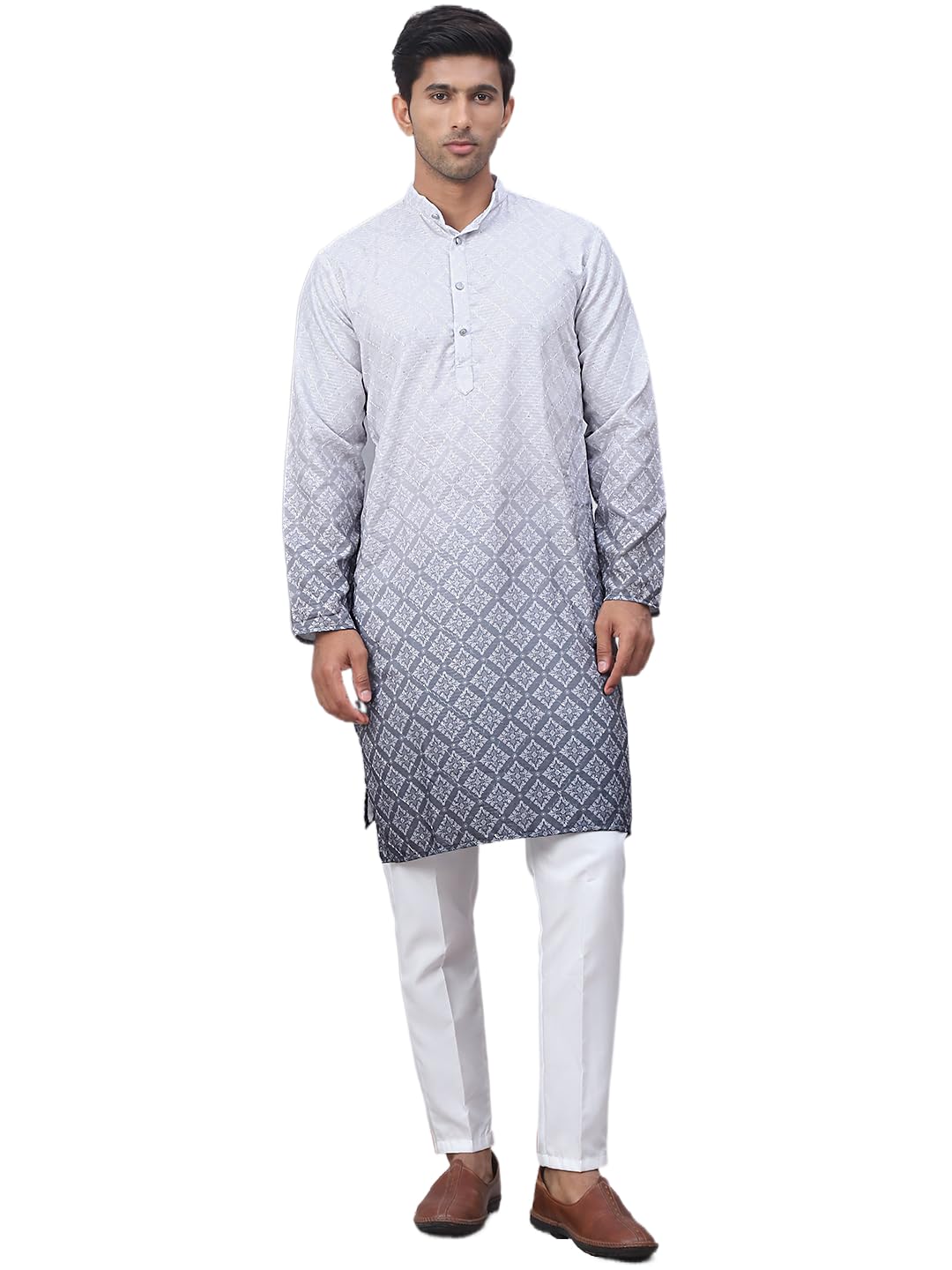Jompers Grey Men's Ombre Printed Kurta Pyjama Set (Grey, M)