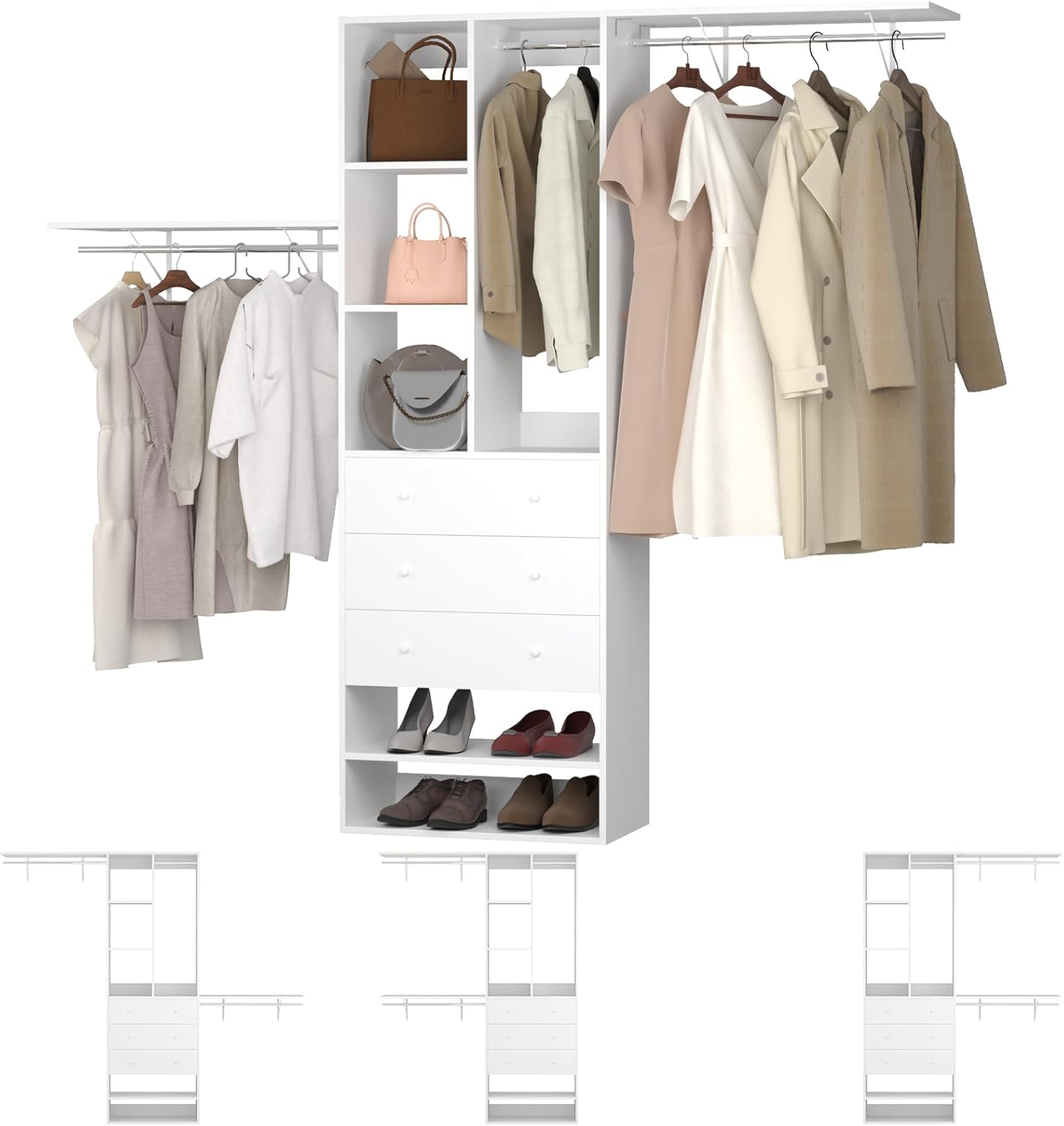 80inch Wall-Mounted Closet Organizer System with 3 Hanging Rods and 3 Drawers – Walk-in Wardrobe with Reversible Shelving for Bedroom Storage