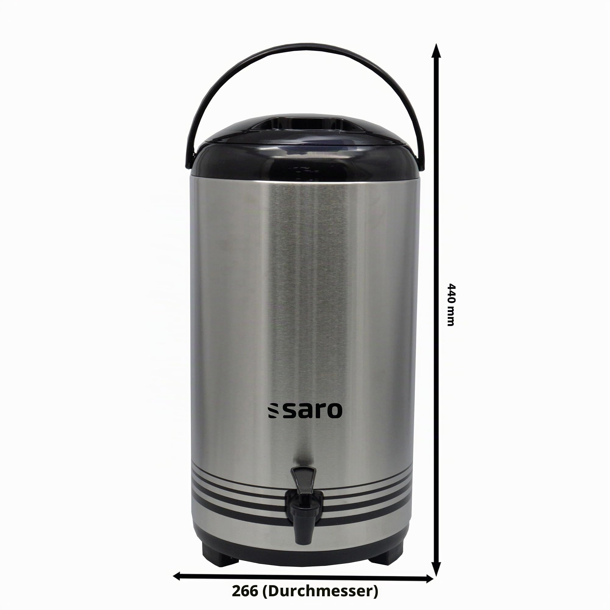 Saro Getränkespender mit Ablasshahn– 12 L – Hält Getränke bis zu 6 Std. warm oder kalt – Edelstahl/Kunststoff – Klappfüße für Lagerung – Modell ISOD 12
