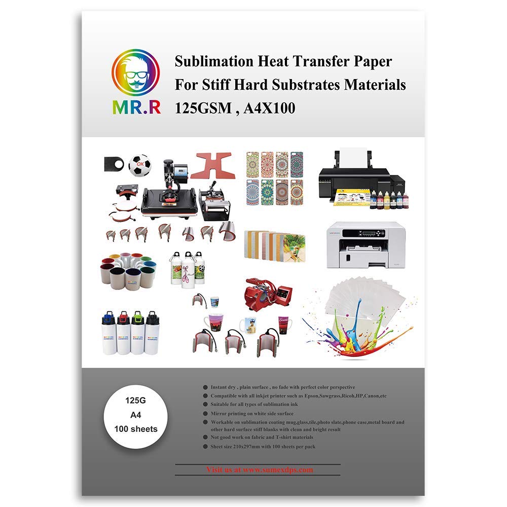 MR.R 125 gsm/m² A4x100 Blatt Sublimationspapier wärmeüber tragungs papier Blättern für Keramikbecher und steife Substratmaterialien Geeignet für Sublimationsdrucker
