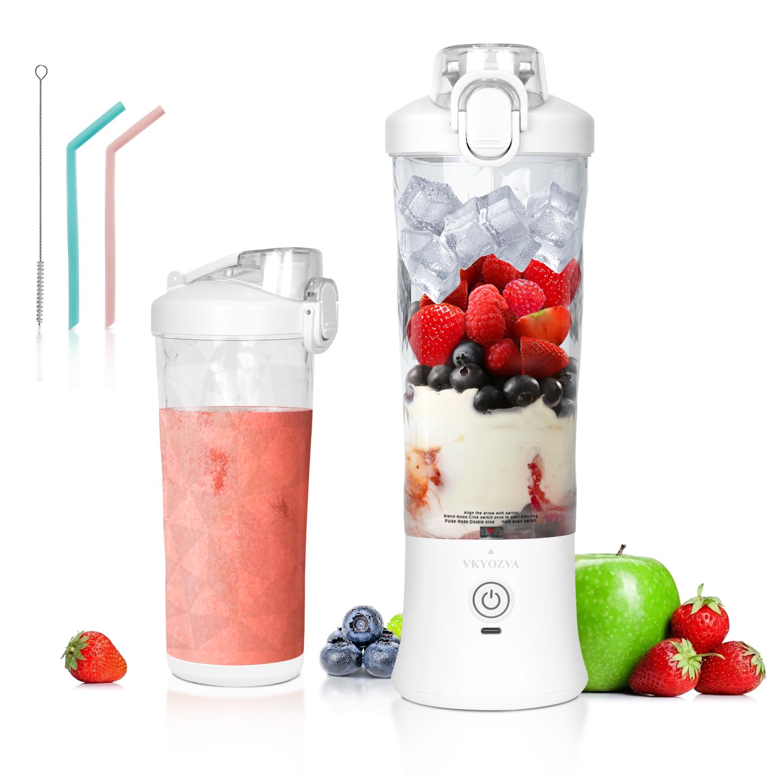 Portable Blender, VKYOZVA Personal Blender for Shakes and Smoothies, 240W with 6 Stainless-Steel Blades,USB Rechargeable Cup Travel Lid 2 Straws And Brush Home, Outdoor White