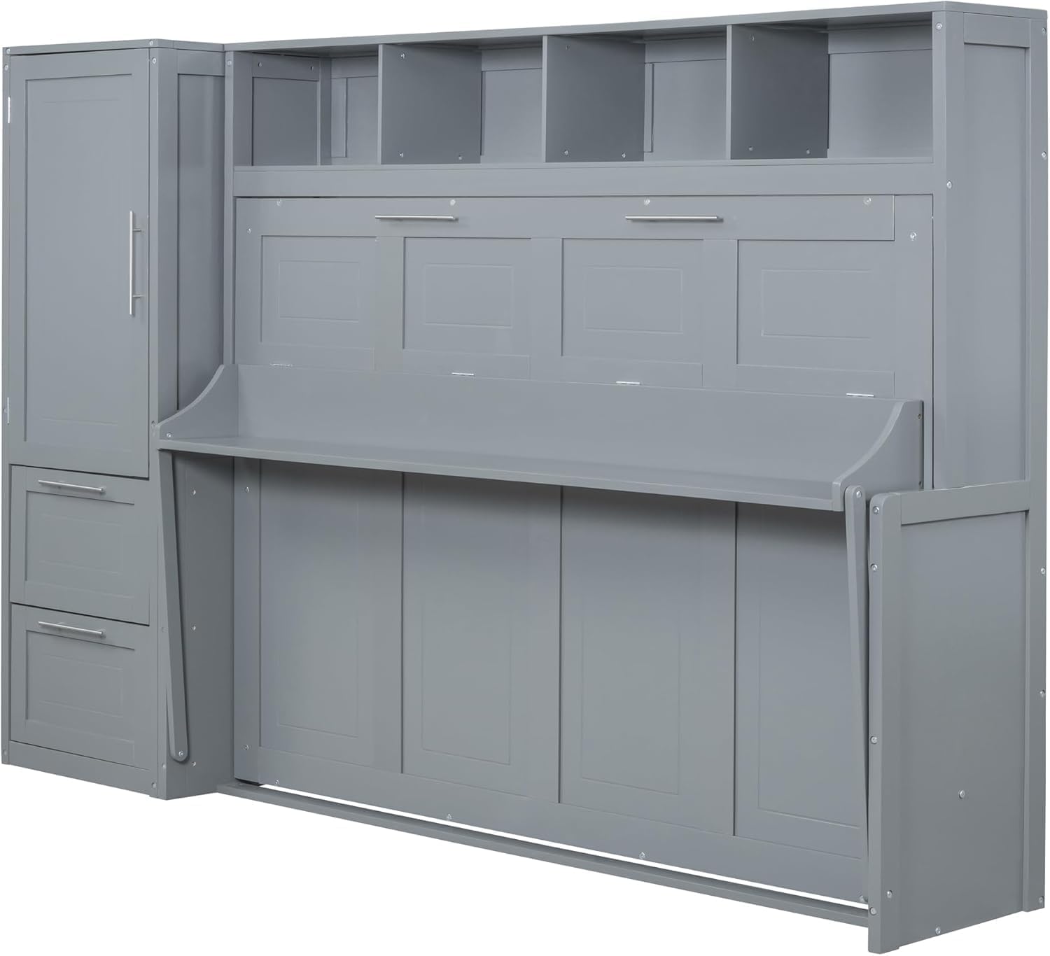 MERITLINE Queen Murphy Bed with Wardrobe Closet,2 Drawer,4 Storage Open Shelves,Wood Folding Murphy Wall Bed Cabinet (Grey)