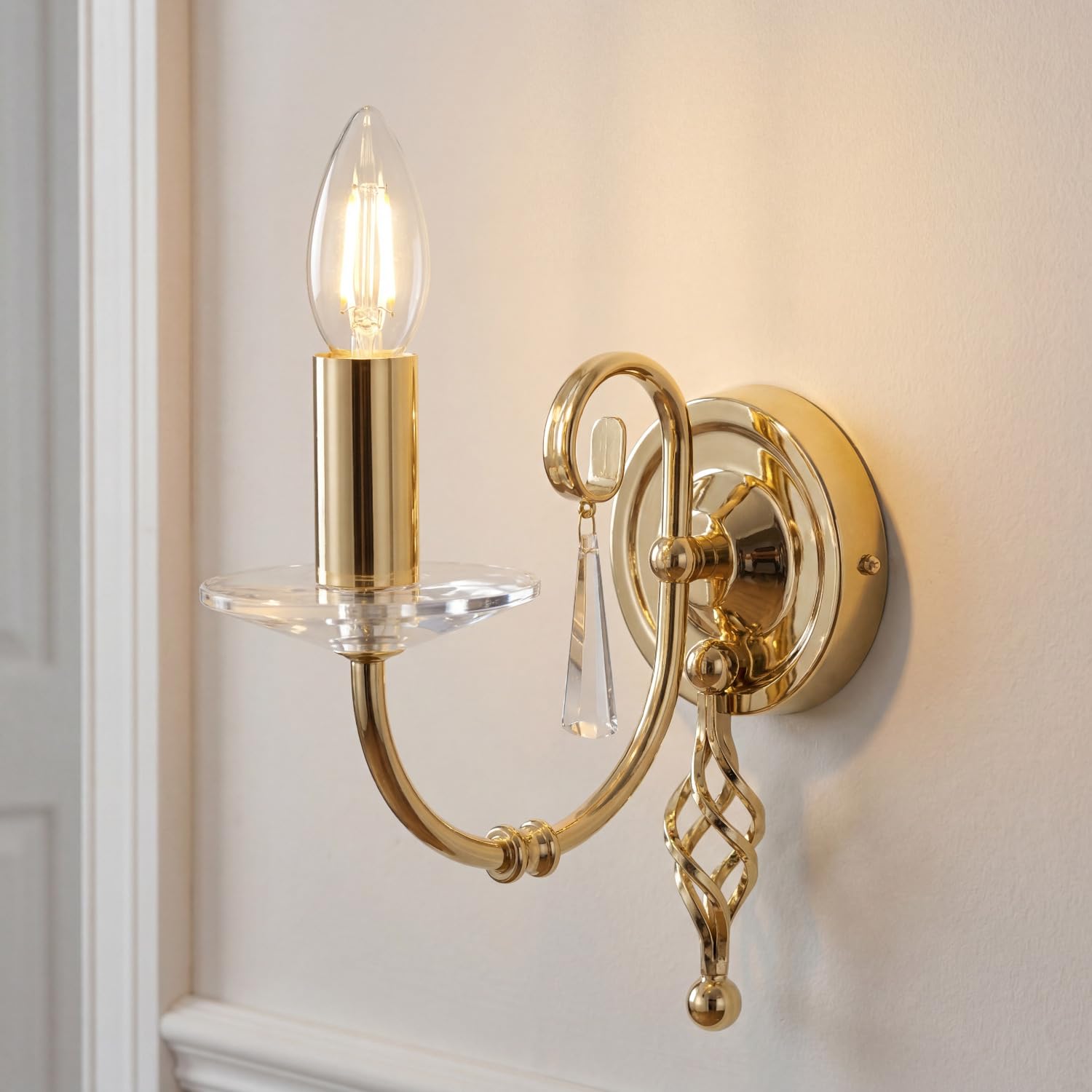 Licht-Erlebnisse Designer Wandleuchte Messing poliert Wohnzimmer Metall Kristall Glas Kerzenform E14 B:10 cm Schlafzimmer Flur Wandlampe Klassisch