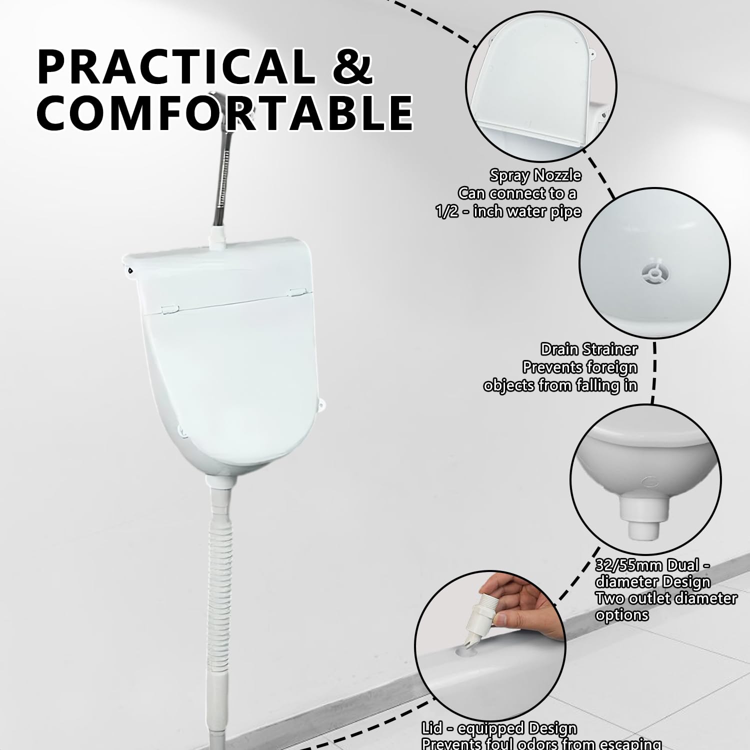 Orinal de plástico con tapa, Orinal para hombres montado en pared pissoir WC set, Orinal sin perforar para casa, garaje, jardín, camping y construcción Blanco