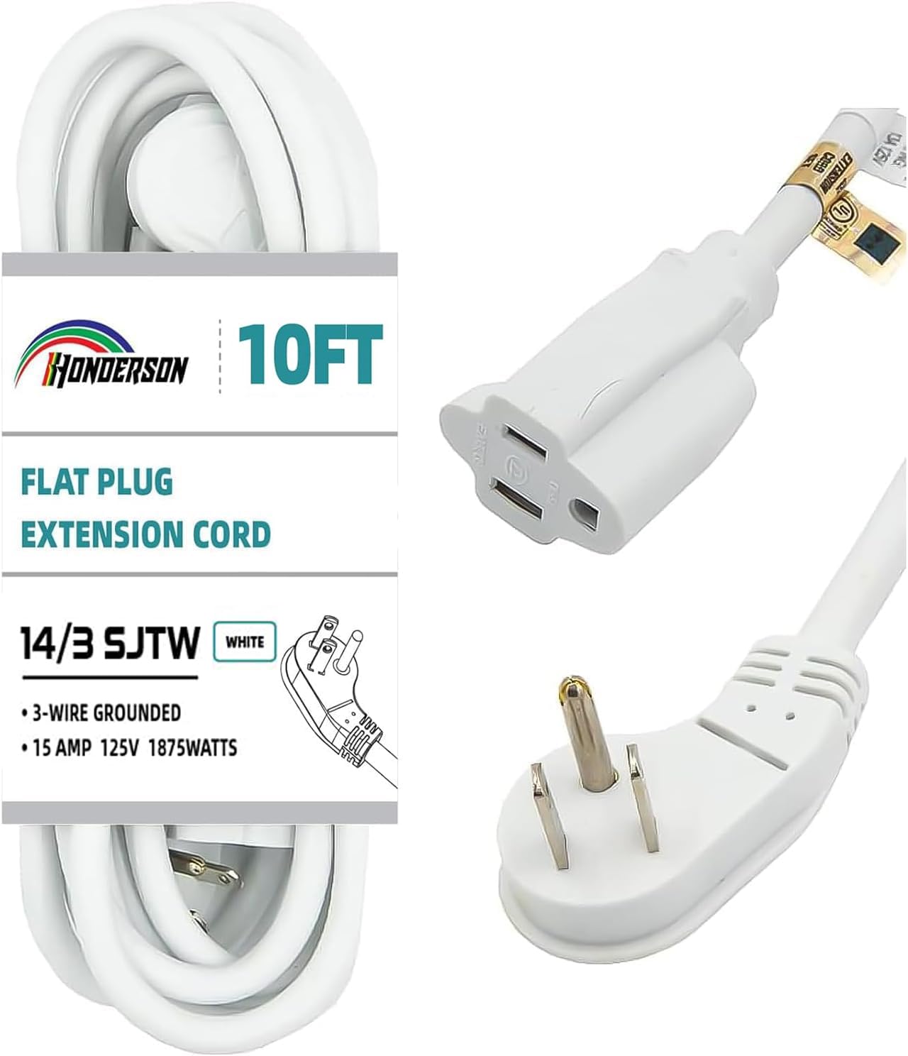 HONDERSON Flat Plug Indoor Extension Cord, UL Listed, 14 Gauge 10FT White 3 Prong Heavy Duty, 14/3 SJTW 15A Power Cord for Lights, Appliances, Home