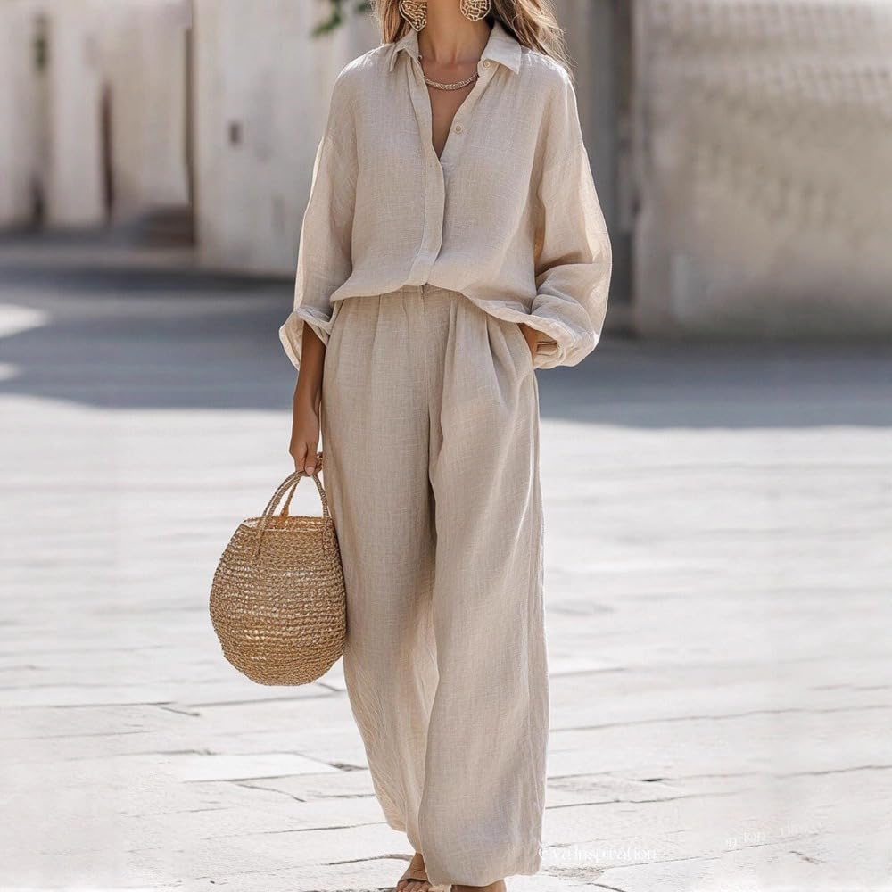 Women Casual Two Piece Set Long Sleeve Shirt Pants Loose Fit Daily Wear