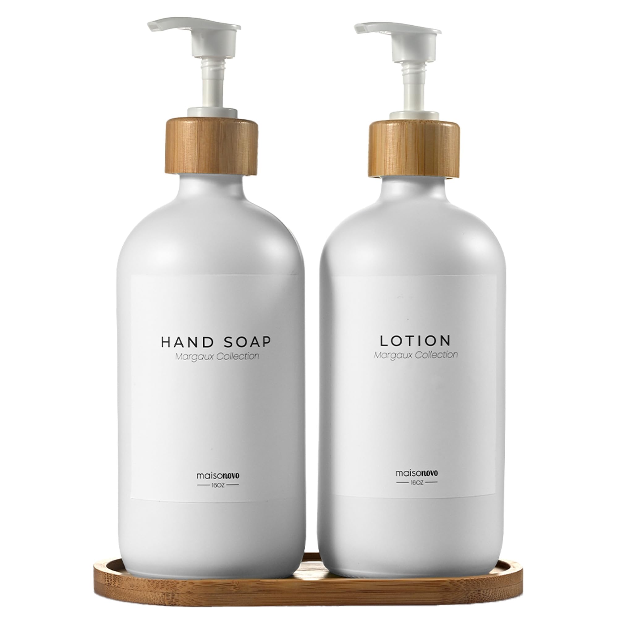 MIFXIN Set di 2 distributori di sapone in vetro con vassoio e spazzola per piatti in bambù, dispenser per sapone per le mani 473ml set da cucina, decorazione in stile fattoria (Bianco
