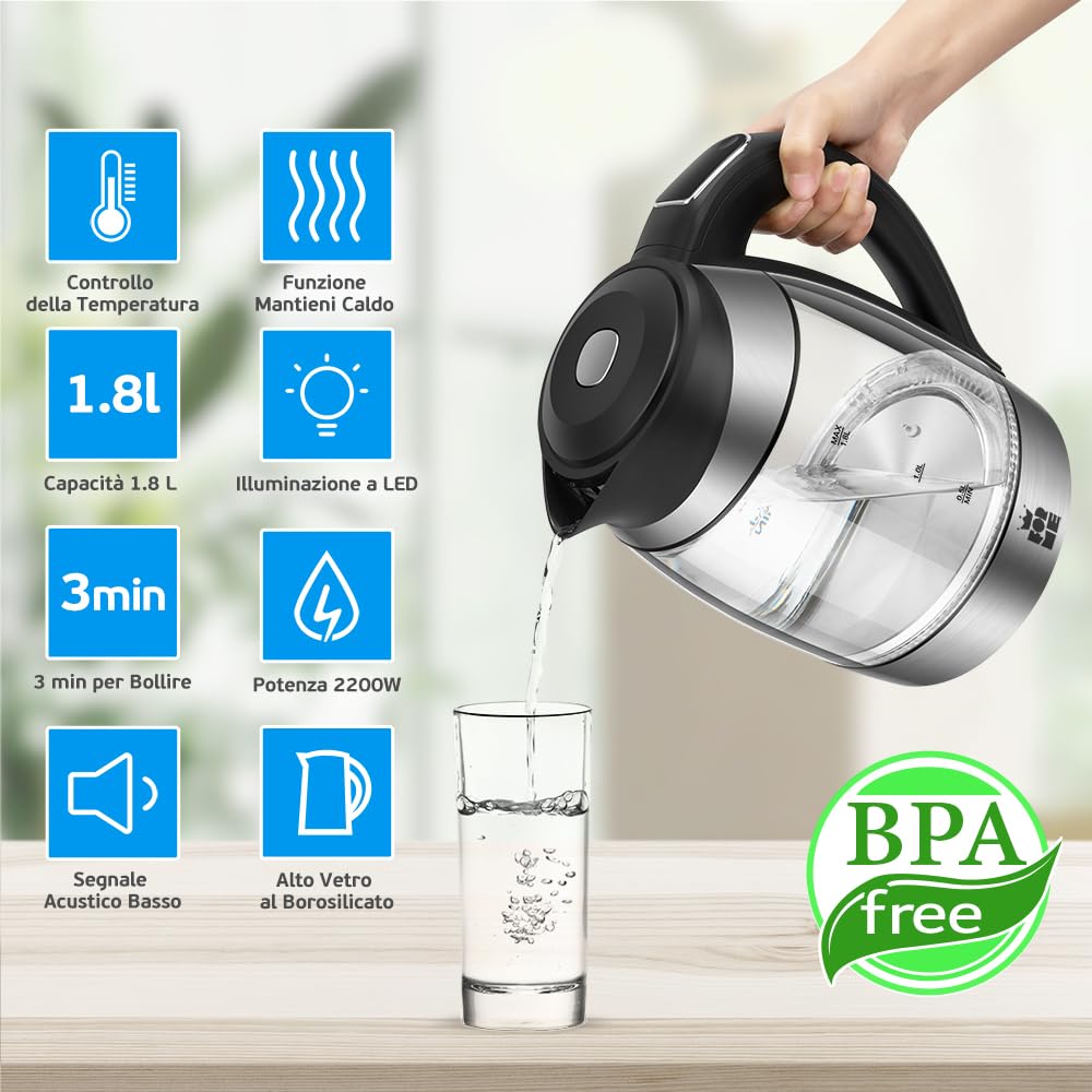 FOR ME Bollitore Elettrico in Vetro 1,8 L, Controllo della Temperatura, Temperatura Selezionabile da 40°C a 100°C, Illuminazione a LED a 7 Colori, Funzione di Mantenimento Caldo, Senza BPA