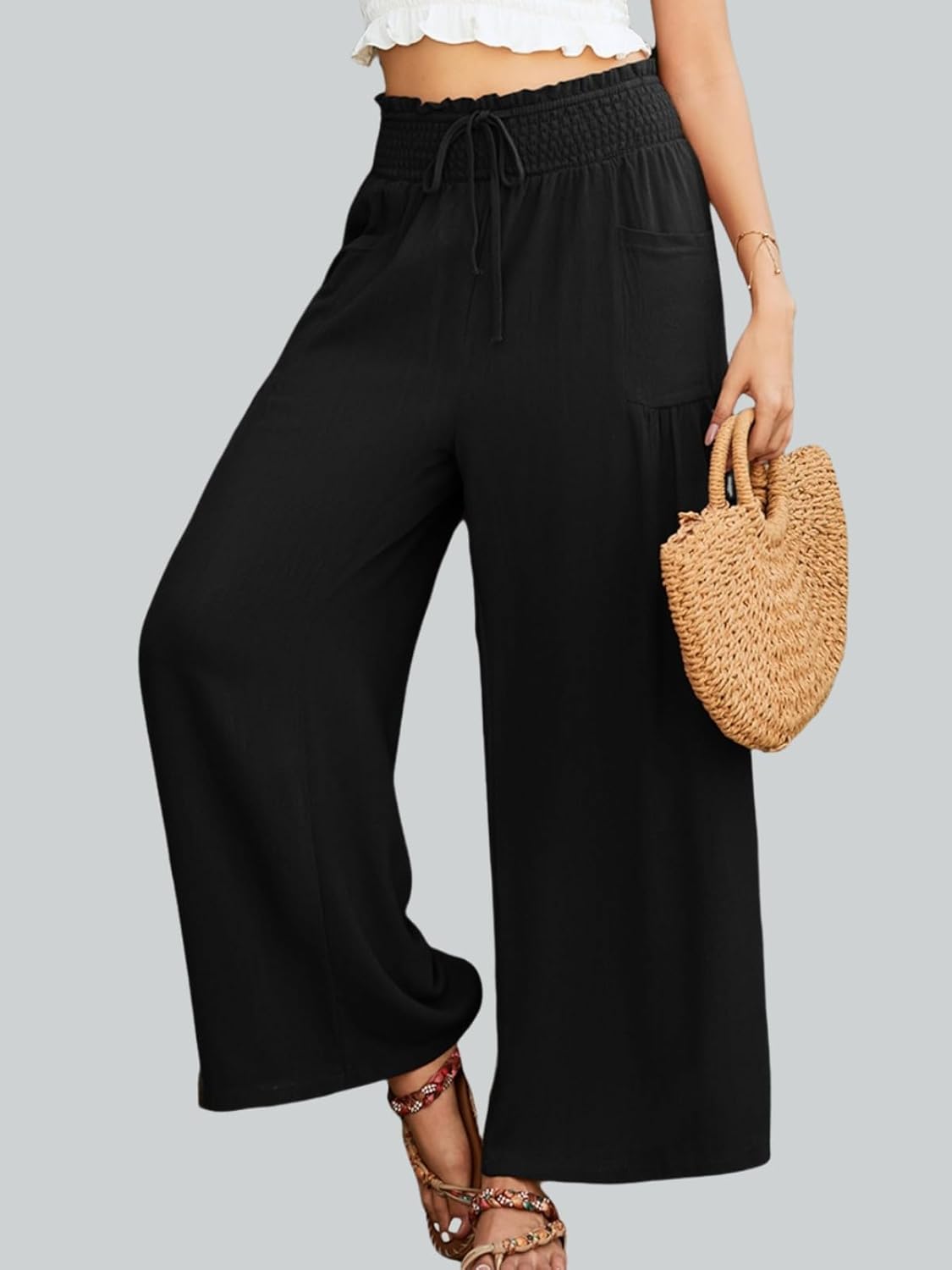 Linen Palazzo Pants for Women Wide Leg High Waist Casual Loung Trousers Beach Travel Vacation Harem Pants with Pockets - Image 2