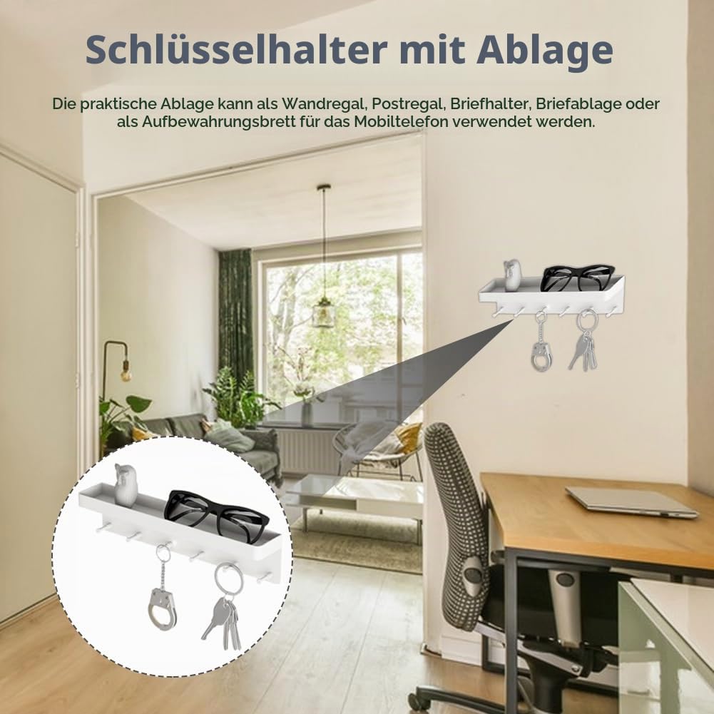 Schlüsselbrett mit Ablage und 6 Haken, Weiß Wand Schlüsselhalter Selbstklebend Schlüsselablage Flur Schlussel Aufbewahrung, Wandregal Organizer für Eingang Wohnzimmer Flur Büro Küche Badezimmer Küche, Haushalt & Wohnen