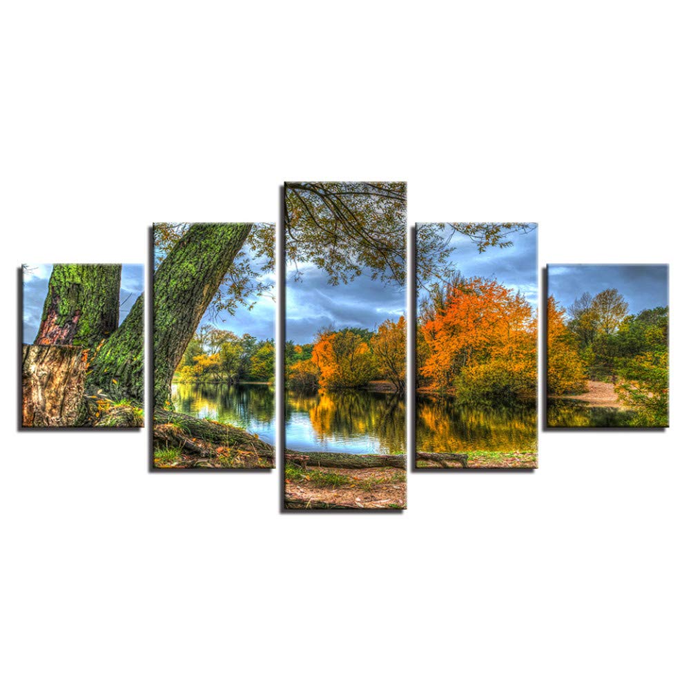 KGKBH 5 pictures HD Prints Modern Decor Living Room 5Pcs Trees Lake Forest Landscape Canvas Pictures Modular Painting Wall Art