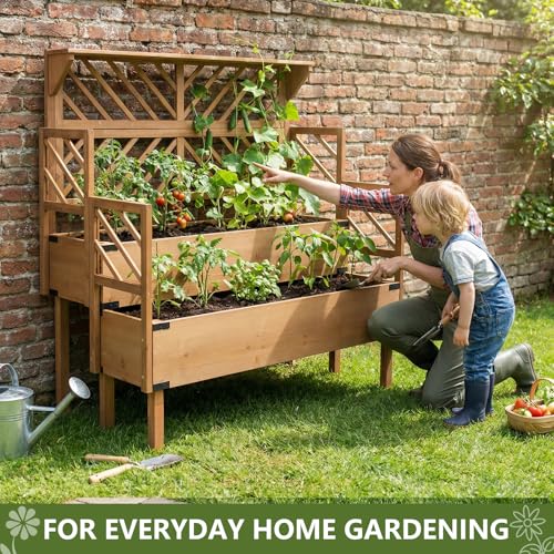 Image of ketive 2 Tier Raised Garden Bed with Trellis & Top Shelf, Elevated Wooden Planter Box for Vegetables Flowers Herbs, Outdoor Vertical Gardening Planter for Backyard Patio Balcony