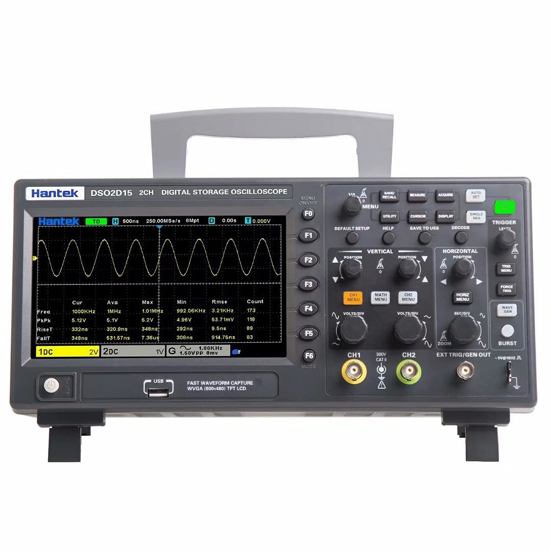 Depan view of Hantek DSO2D15 Oscilloscope with screen and controls