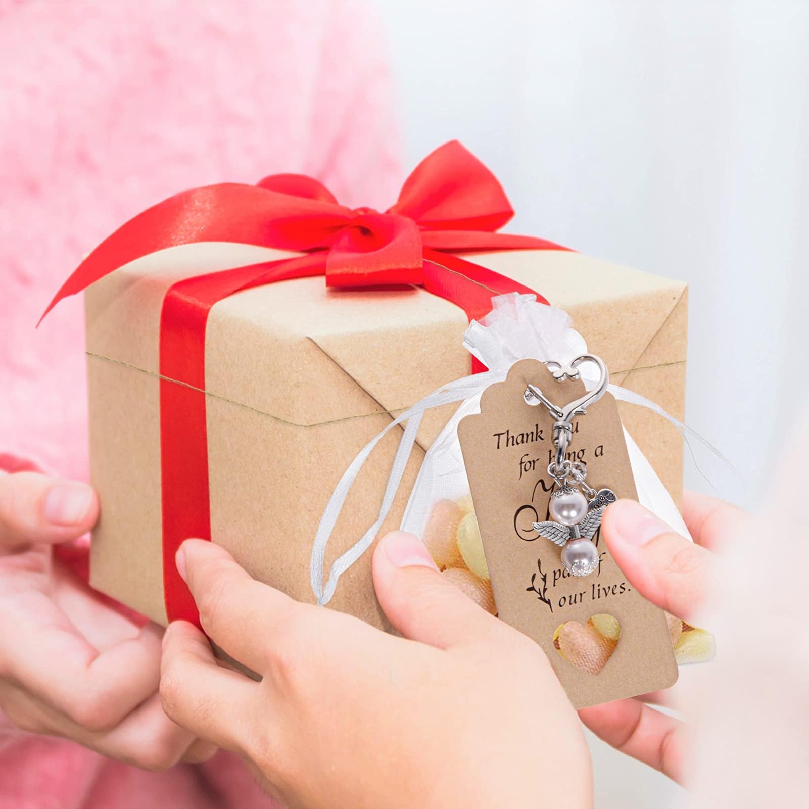 Bomboniere Portachiavi Angelo Custode 20 pezzi con sacchetti in seta e bigliettini 'Grazie' per Matrimonio, Battesimo, Comunione, Baby Shower, Compleanno – Regalo ospiti e decorazione festa –