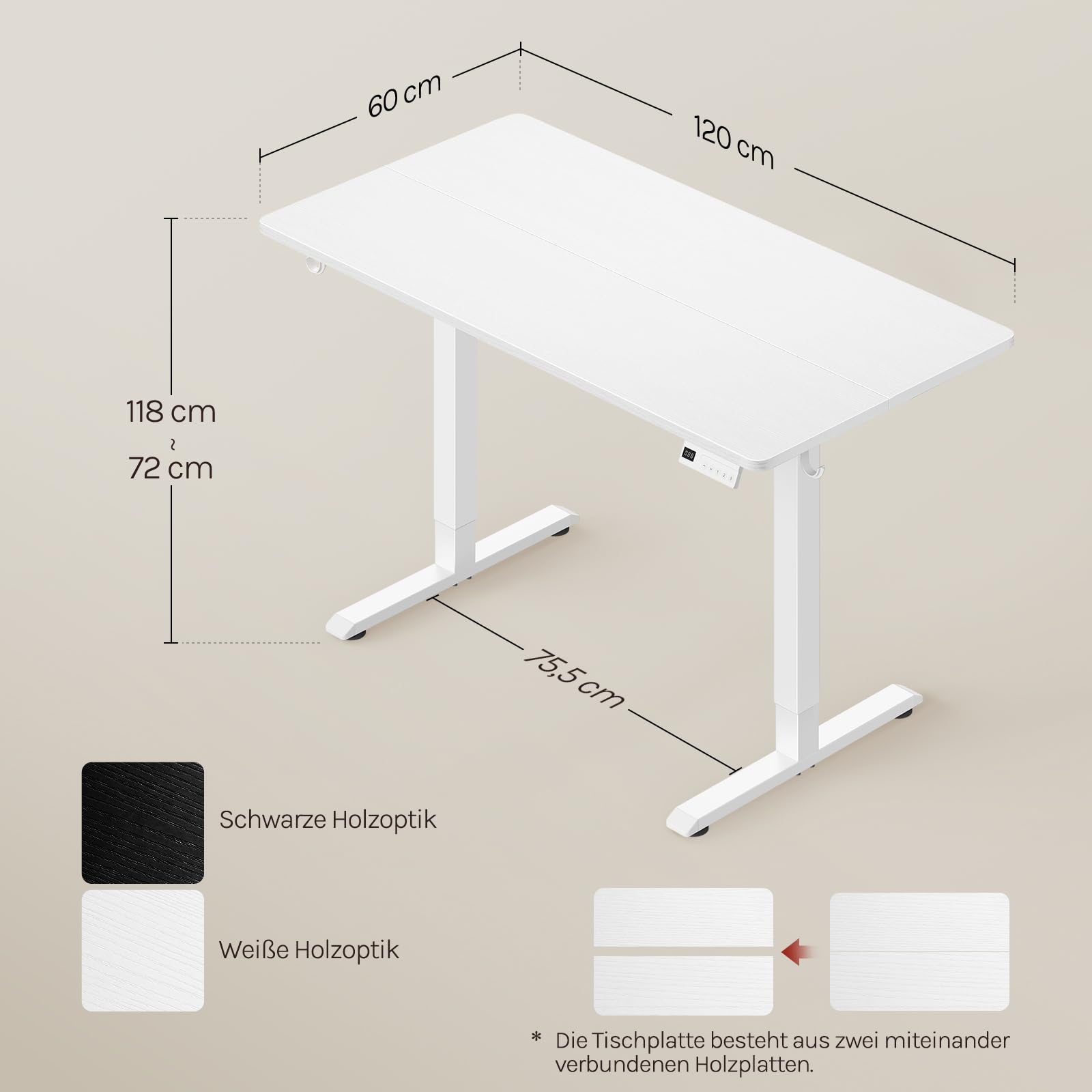 WOLTU Höhenverstellbarer Schreibtisch Elektrisch mit Memory-Funktion & Kollisionsschutz, 80kg Tragkraft, Leise, Computertisch für Homeoffice Arbeitszimmer, 120 x 60 cm, Weiß