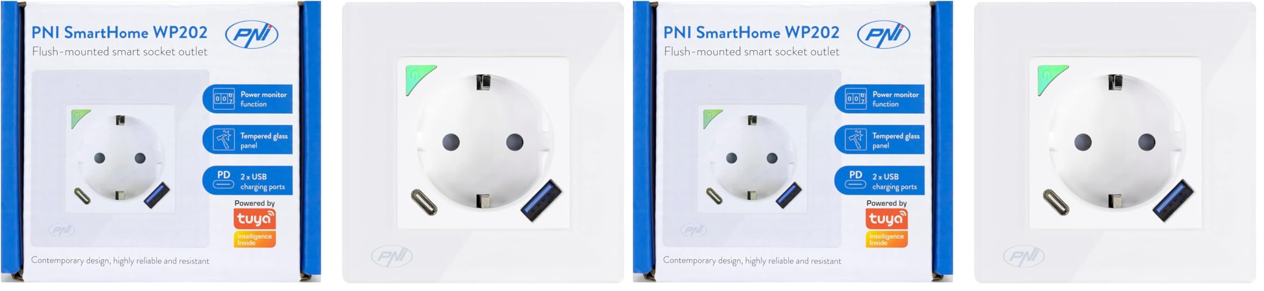 Enchufe Inteligente WiFi PNI SmartHome WP202, Montaje enterrado, Control de Internet, aplicación dedicada Tuya Smart, Compatible con Amazon Alexa y Google Home (Paquete de 2)